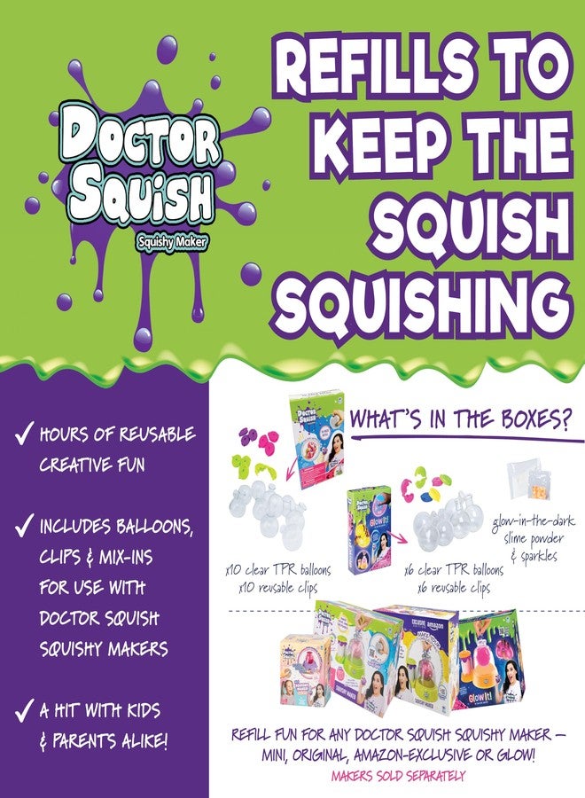 Doctor Squish Squishy Pack Combo Refill | Both Standard & Glow in The Dark Refills with TPR Balloons, Reusable Clips, Sparkles & Slime Powder | Make Normal & Neon Squishies | 2 Refills Bundle - Image 2